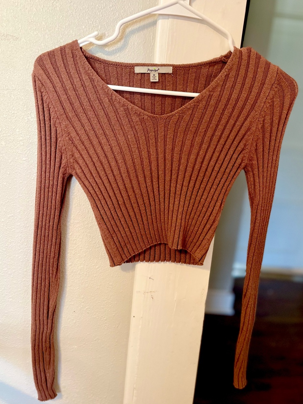 Brown Ribbed V-Neck Cropped Sweater